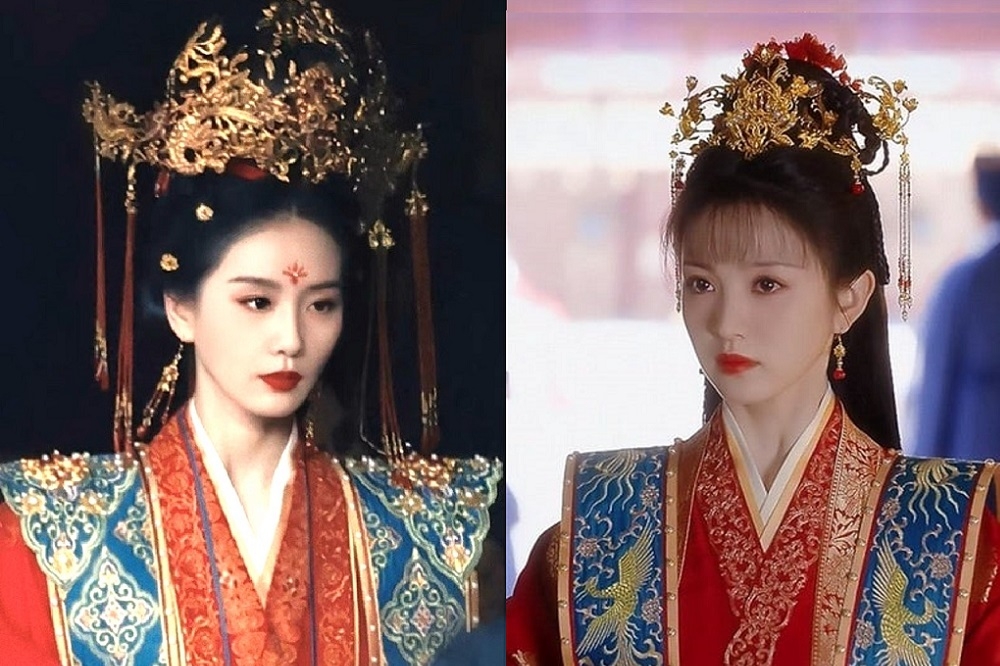 中國流量女星劉詩詩(左圖)正在拍攝古裝劇《一念關山》，近日她的婚服造型曝光，卻被發現撞衫田曦薇在《卿卿日常》的婚服造型。(取自微博)