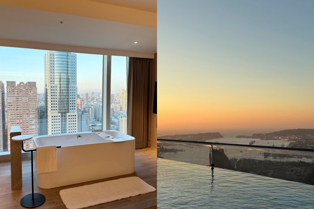 高雄承億酒店主打全球唯一「高空懸眺透明無邊際泳池」，可遠眺西子灣日落。（周羿庭攝）