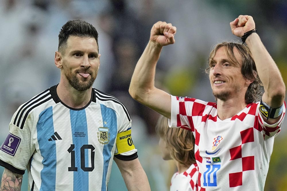 阿根廷LM10梅西（Lionel Messi，左）以及克羅埃西亞LM10莫德里奇（Luka Modrić，右）的世界盃對決，恐是雙方最後征戰，備受矚目。（合成畫面／美聯社）