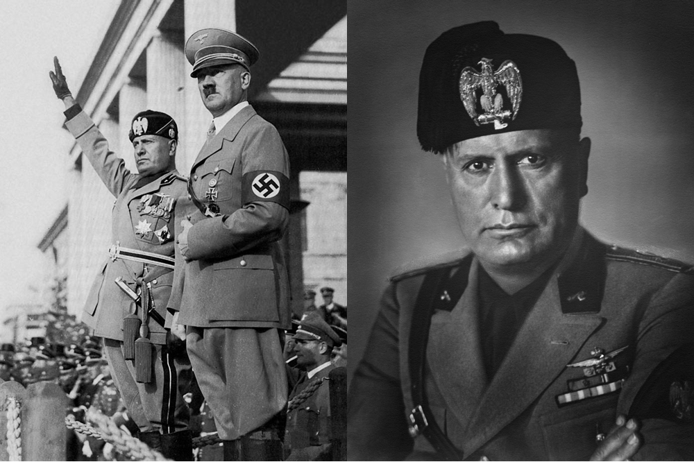 左為1935年，墨索里尼（左）宣布與希特勒（右）結成柏林-羅馬軸心的景況；右為1930年的墨索里尼肖像（圖片取自維基百科）