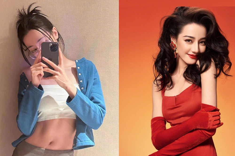 中國流量女星迪麗熱巴近日被網友瘋傳養胎中，她近日先是曬出馬甲線小蠻腰辣照（左圖）反駁，今又接連秀出大紅禮服纖瘦美照（右圖）證明沒懷孕。（取自迪麗熱巴微博）