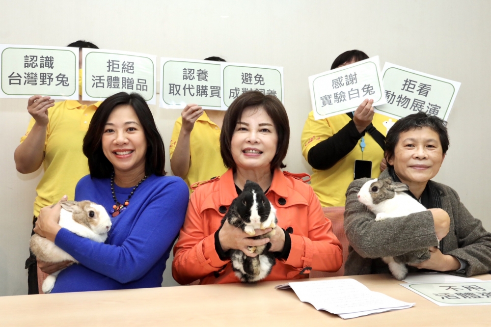 立委陳椒華（由右至左）、賴惠員、吳欣盈今天（9日）召開記者會，不要把兔子當活體禮物亂送，以免出現棄養潮。（王侑聖攝）