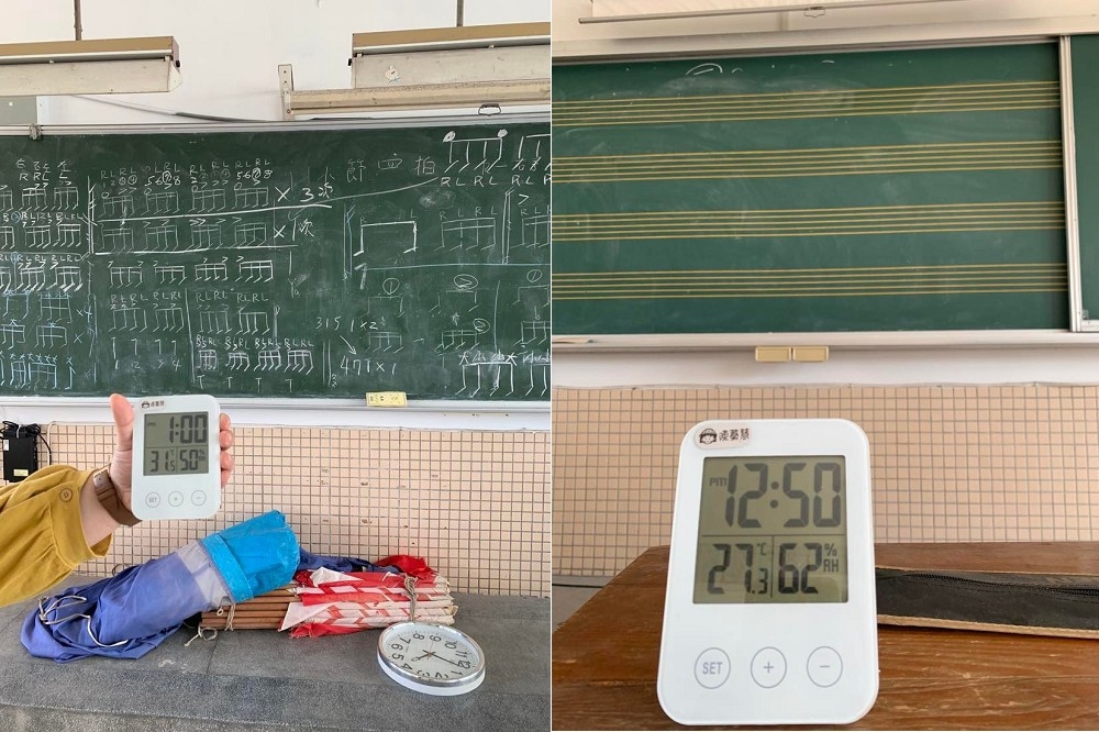 圖左：上方無太陽能板遮陰之教室室溫為31.5 ℃，圖右：有太陽能板遮陰的教室則為27.3 ℃（作者提供）