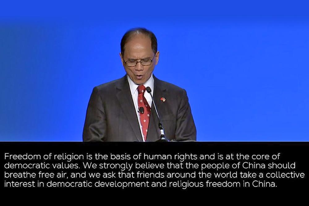 立法院長游錫堃出席華府國際宗教自由峰會，強調捍衛台灣民主的重要性。（取自@IRFSummit推特）