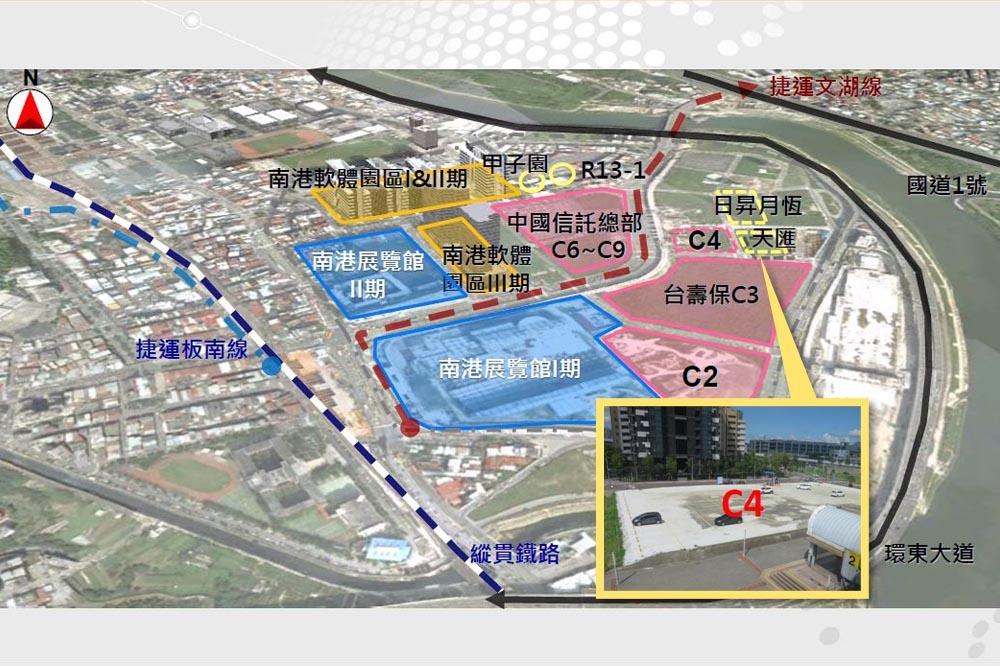 南港經貿園區最大地主台肥公司，去年進行C4（圖）辦公大樓新建工程，因表土開挖後物價波動，疑「內神通外鬼」將C4基地廢棄土方，轉運至台肥基隆一廠堆置、掩埋。（合成畫面／台肥官網）