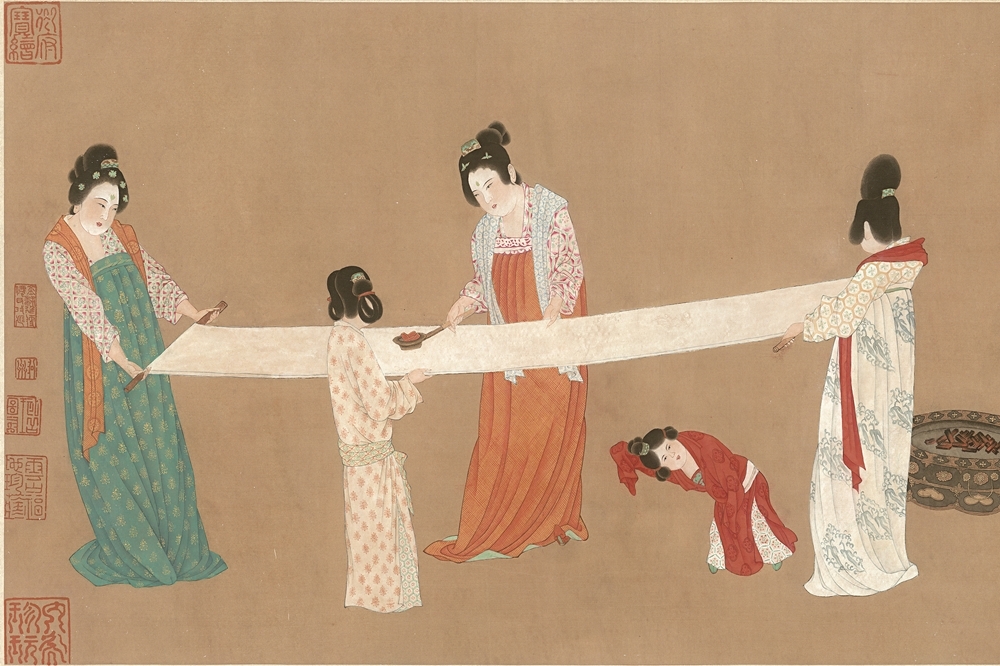 〈搗練圖〉（唐代，張萱繪）（局部），描繪唐代婦女搗練縫衣的工作場面，呈現當時女性身材樣態。現藏於美國波士頓美術館（Museum of Fine Arts, Boston）。（大是文化提供）
