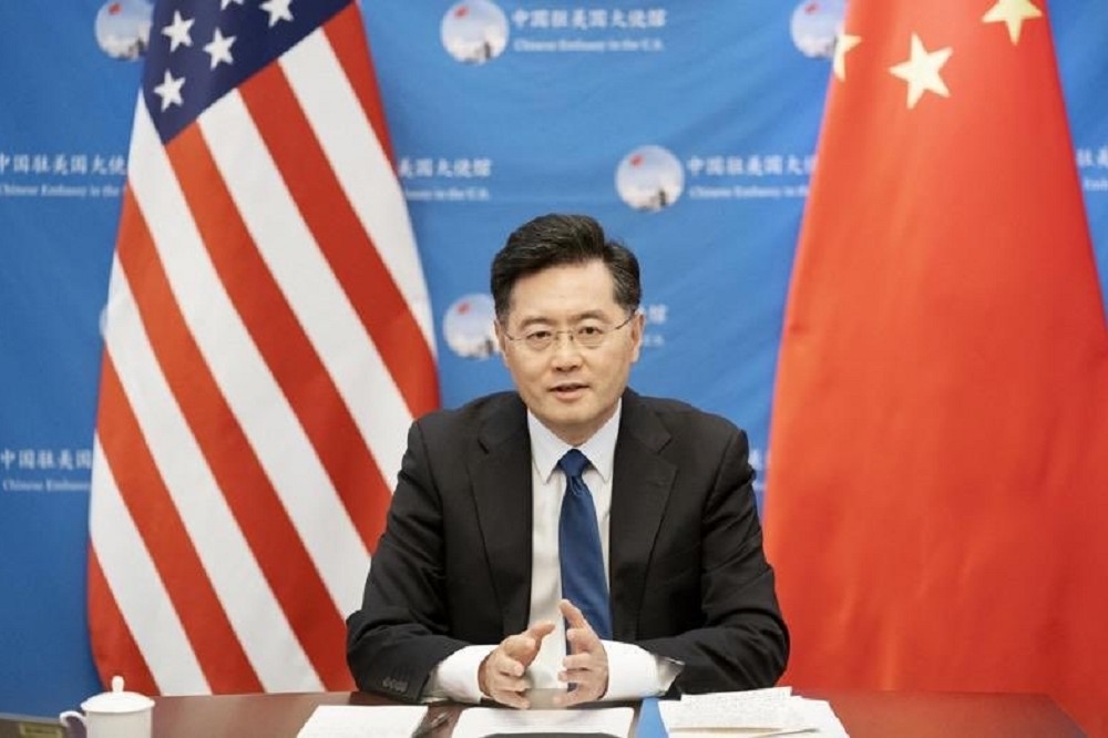 中國外長秦剛在全球安全倡議上發表演說。（取自中國外交部網站）