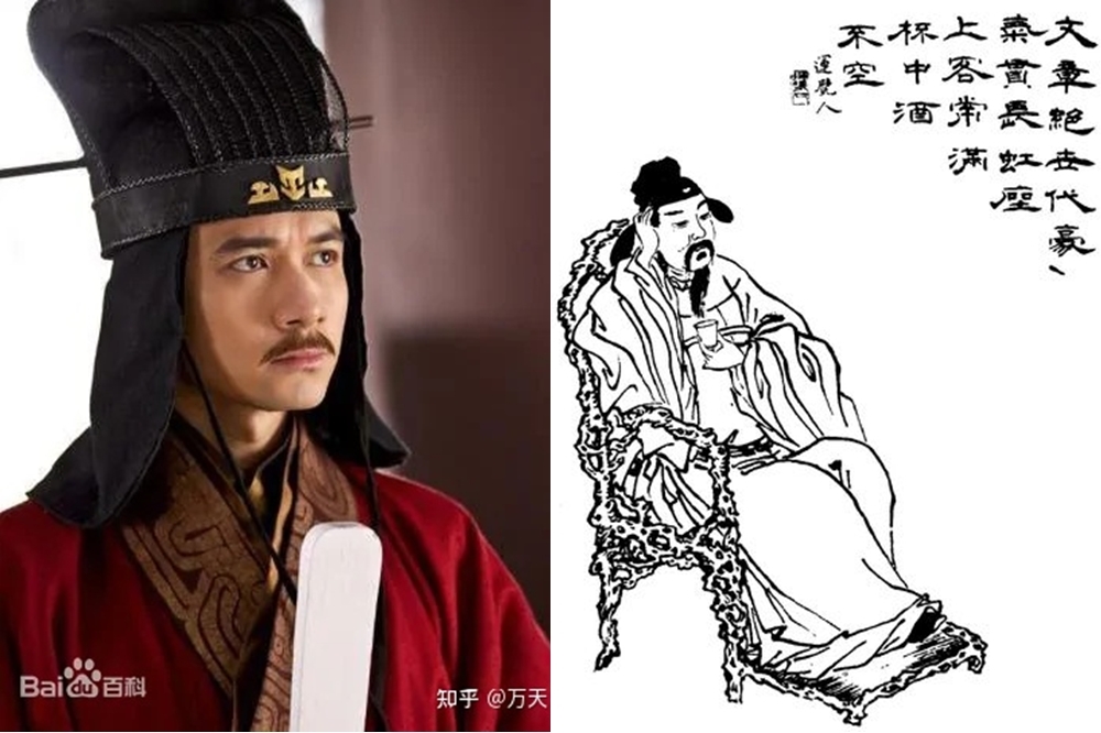 香港男星古巨基在2014年電視劇《曹操》飾演孔融，右為孔融畫像（圖片取自網路、維基百科）