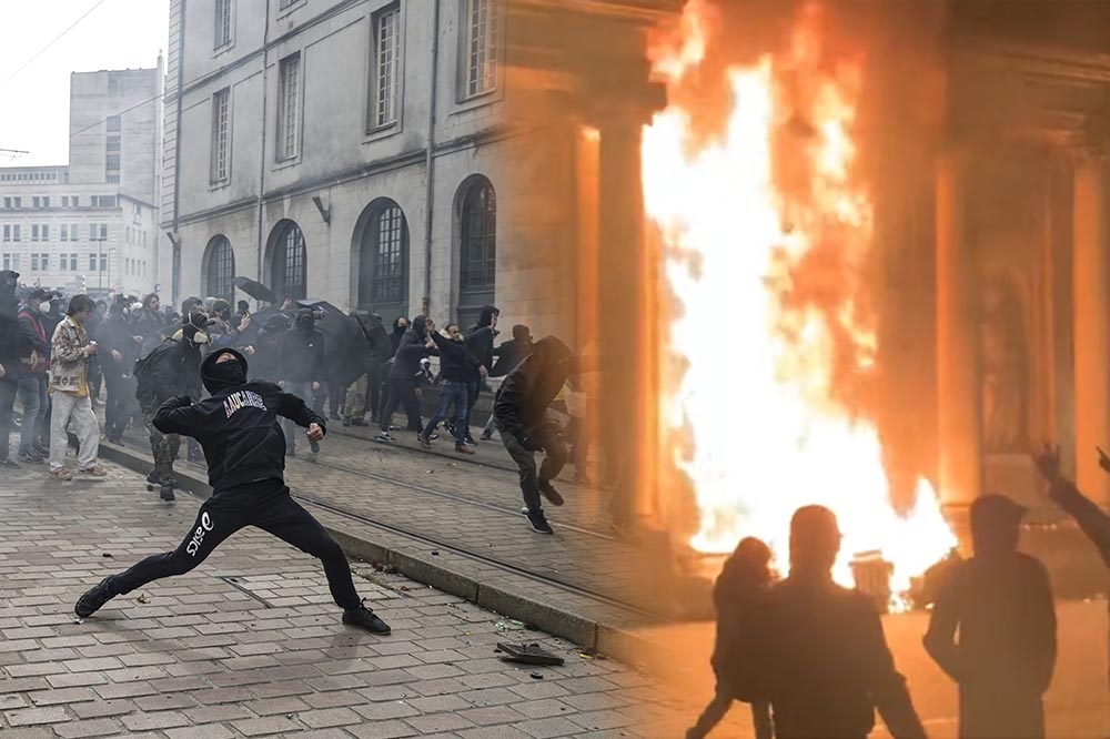 法國南特的示威群眾23日與鎮暴警察發生衝突，波爾多市政府也遭抗議群眾縱火。（合城畫面／美聯社、取自＠Alejandro Alvarez推特）