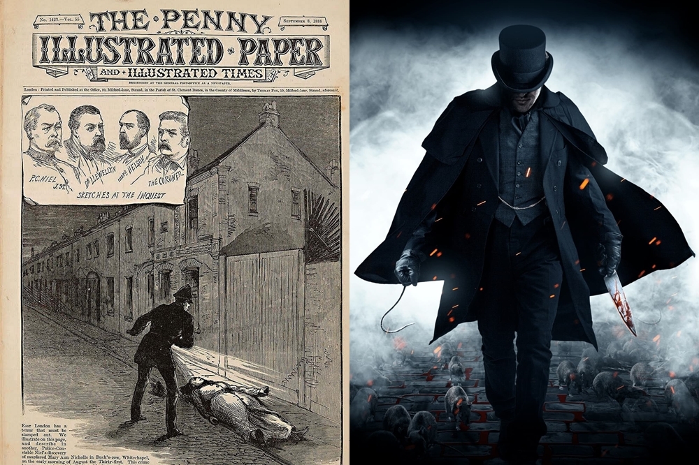 一份一分錢的小報刊登了一張開膛手傑克在東倫敦白教堂區謀殺被害者的想像畫。這幅畫是畫家想像第一名被害者屍體於1888年8 月31日，被巡邏員警發現時的情況所繪。右為電影《追緝開膛手》劇照。（圖片取自網路）