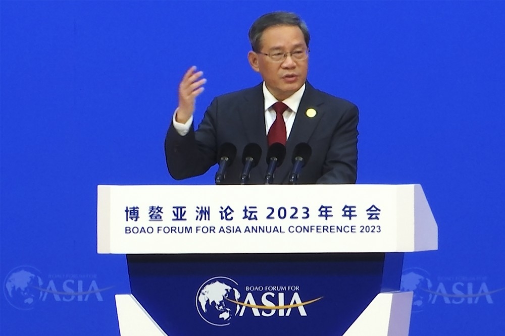李強就任中國國務院總理後，首次發表公開演說，呼籲各國共同維護和平，促進經濟發展。（美聯社）