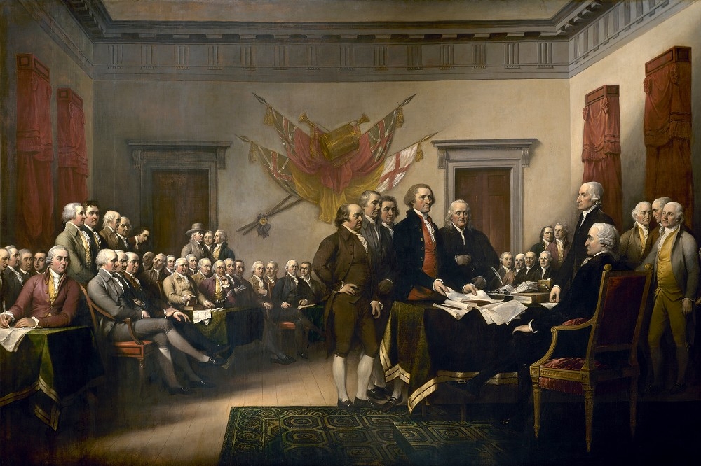 1775年美國革命不僅為美國人，最後也為全世界每一個人，打開了政治與社會層面一個新的時代。（維基百科）