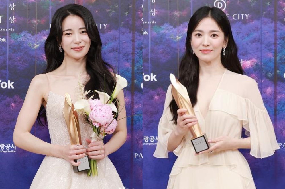 宋慧喬（右圖）、林智妍（左圖）以《黑暗榮耀》拿下百想藝術大賞的最佳女主角與女配角獎，兩人領獎致詞都激動萬分。（取自JTBC）