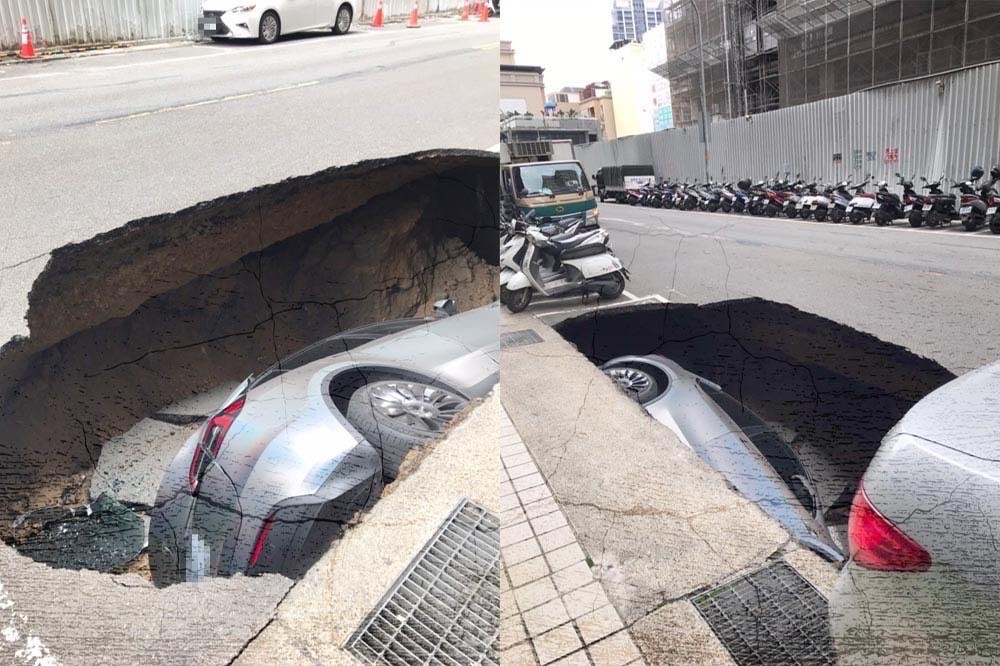 新竹縣竹北市莊敬六街上個月27日突發生地面坍塌，造成停放路旁車格內的特斯拉垂直墜落。（合成照片／取自記者爆料網、路上觀察學院臉書粉專）