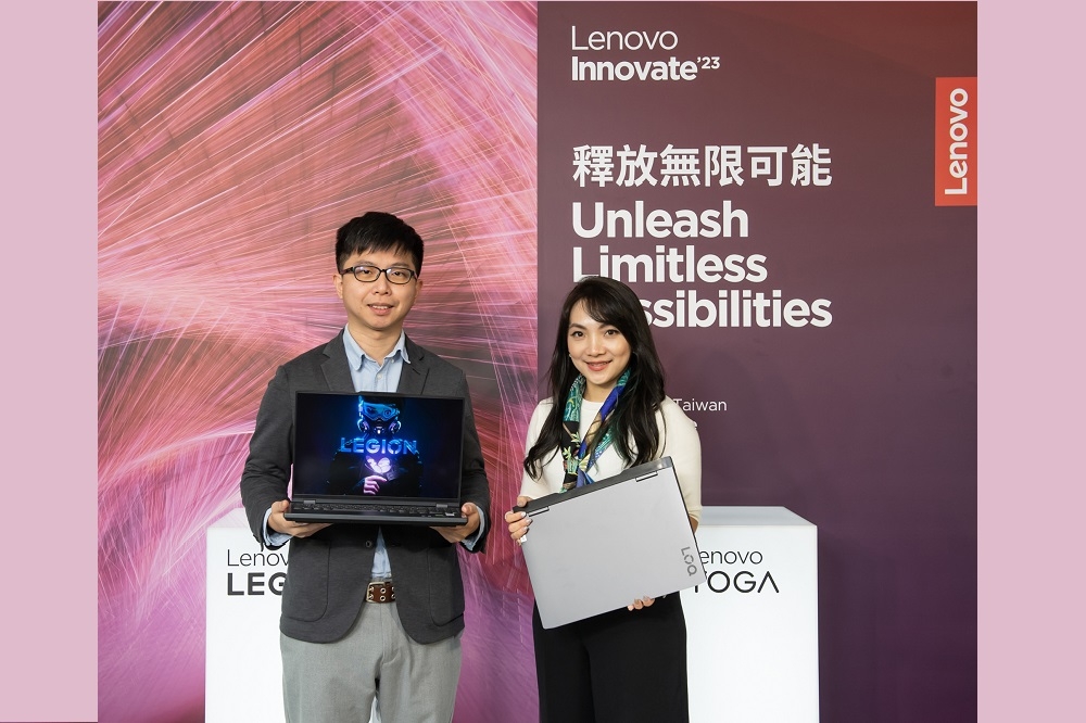 Lenovo今（4）推出第8代Legion電競筆電，並首次公開全新電競子品牌LOQ。左起：Lenovo台灣區家用產品經理沈彥宏、Lenovo台灣區家用事業部副總經理邰瀅潔。（Lenovo提供）