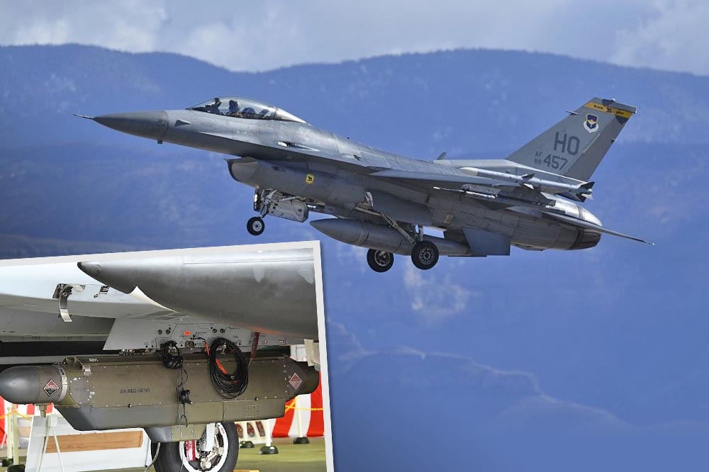 美空軍專案小組3月底提出F-16V戰機電戰系統評估報告，只請美商諾格公司簡報該公司製造的AN/ALQ-131（V）外掛式電戰莢艙。（合成畫面／取自DVIDS、美國空軍網站）