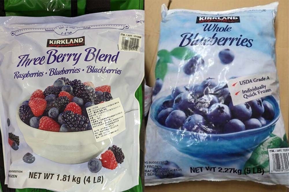 好市多販售進口科克蘭冷凍三種綜合莓及藍莓被驗出含A型肝炎病毒，北市1例急性病毒性A型肝炎個案初驗「弱陽性」，今複驗改為陰性。（合成畫面／食藥署提供）