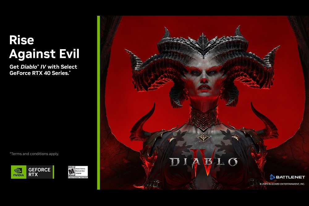 為歡慶《暗黑破壞神® IV》將於6月6日登場，NVIDIA宣布推出《暗黑破壞神® IV》GeForce RTX 40系列遊戲同捆包。(NVIDIA官網)