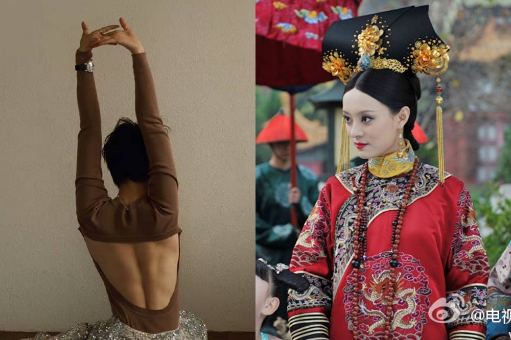 中國40歲女星孫儷憑古裝劇《後宮甄嬛傳》（右圖）爆紅，向來有著運動習慣的她，日前登上雜誌封面曬出超狂背肌（左圖），逆齡身材火速登上熱搜。（翻攝自甄嬛傳微博、孫儷微博）