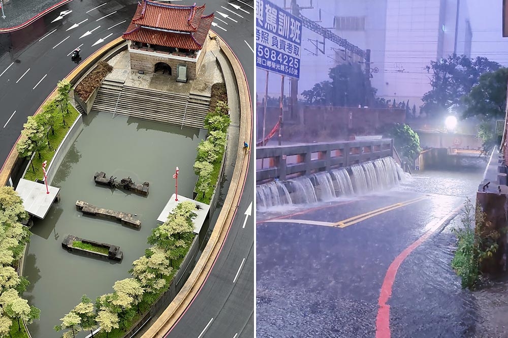 新竹市東門（左）因暴雨成了水池，而新竹縣新豐地下道（右）也被水流灌滿。（合成照片／翻攝畫面、取自燒胖 新豐店 原燒胖福利社臉書粉專）