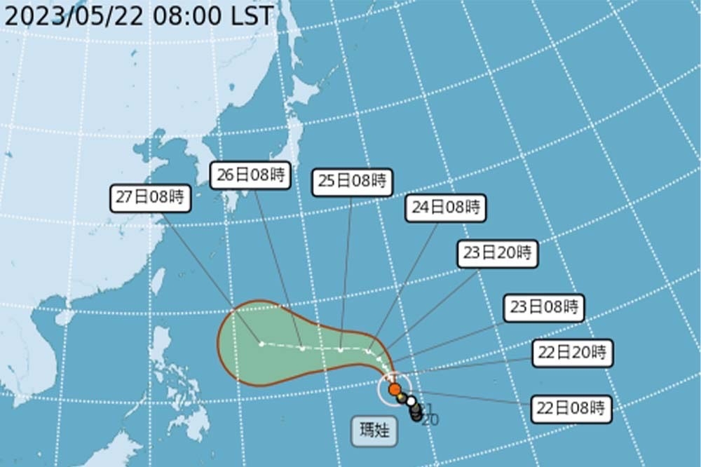 中央氣象局指出，颱風瑪娃今天凌晨2點已轉為中颱，預計在本周四、五深夜轉為強颱。（氣象局提供）