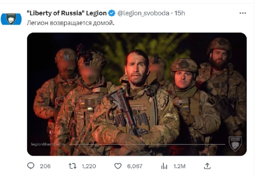 自稱是「自由俄羅斯軍團」的首領稍早發布影片，聲稱「是時候結束克里姆林宮的獨裁統治了」。（取自推特）