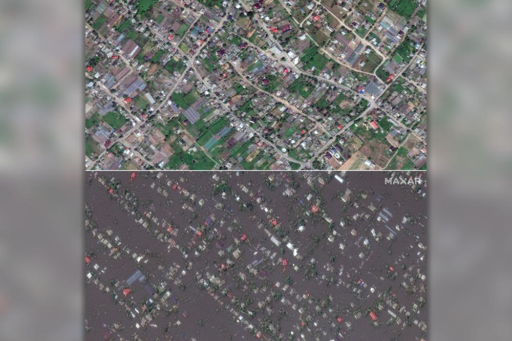 衛星空拍畫面可看出水壩破壞後，住宅居被洪水淹沒的慘況。（美聯社）