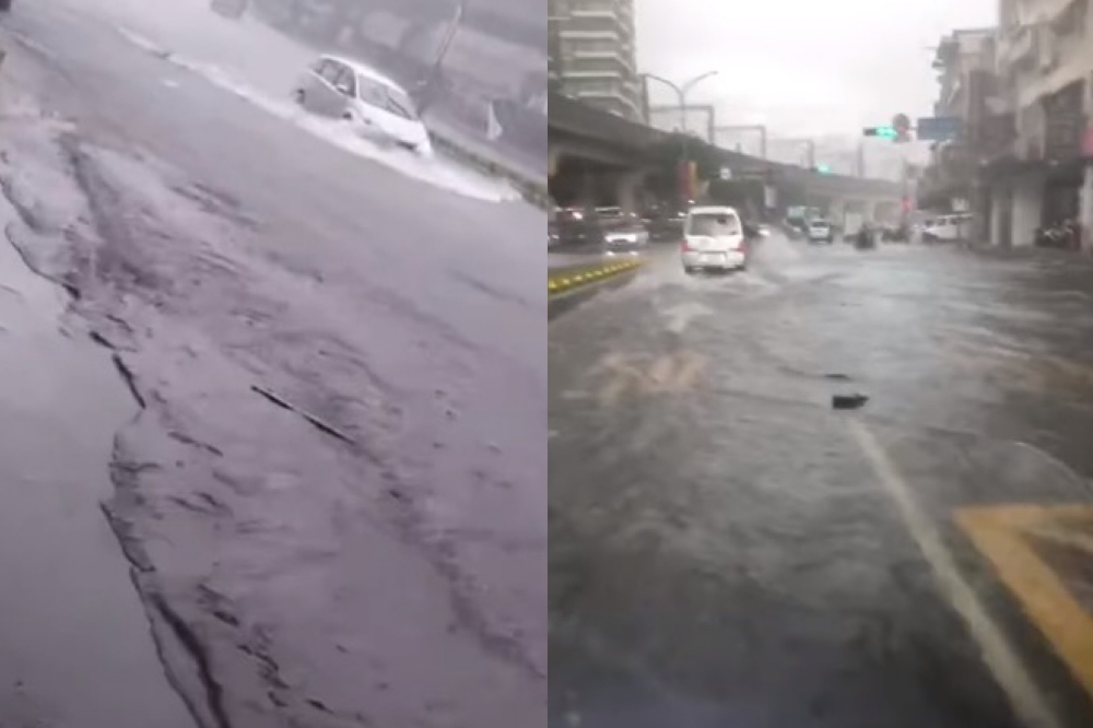 有網友稍早發出影片表示，汐止大同路某路段嚴重積水。（合成畫面／翻攝自爆料公社）