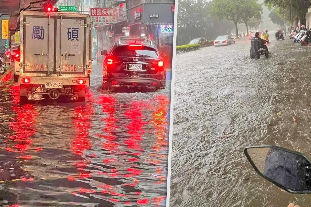 雨襲雙北讓新北三重（左圖）許多車輛只能涉水而過、而北市北安路淹水（右圖）也迫使機車騎士只能牽車。（合成照片／擷取自爆料公社）