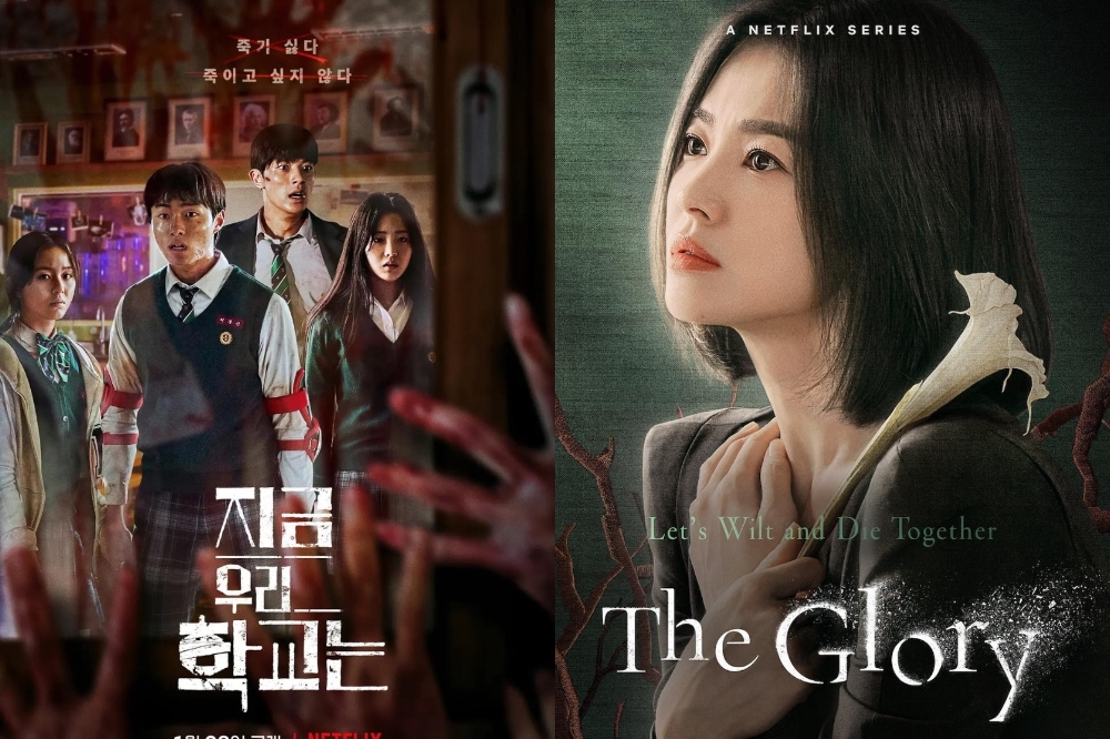 宋慧喬主演的復仇劇《黑暗榮耀》（右圖）與集合一堆新生代演員合演的《殭屍校園》（左圖），都是現象級爆款韓劇，讓Netflix平台賺足面子跟裡子。（Netflix提供）