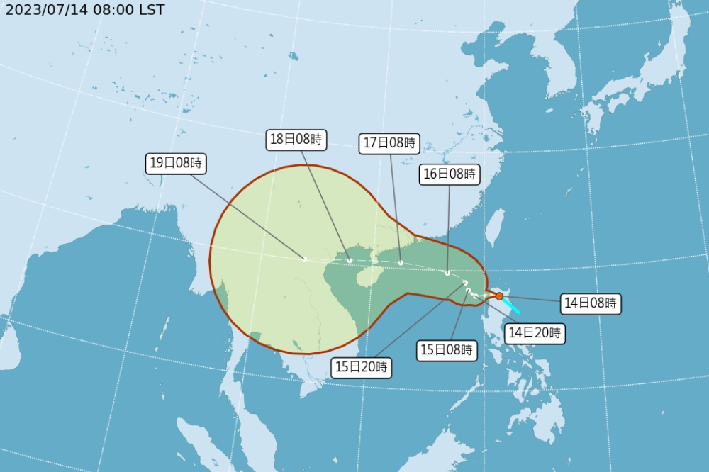 中央氣象局今天（14日）上午8點發布太平洋地區有1個熱帶性低氣壓TD05形成，向西進行。（取自中央氣象局）