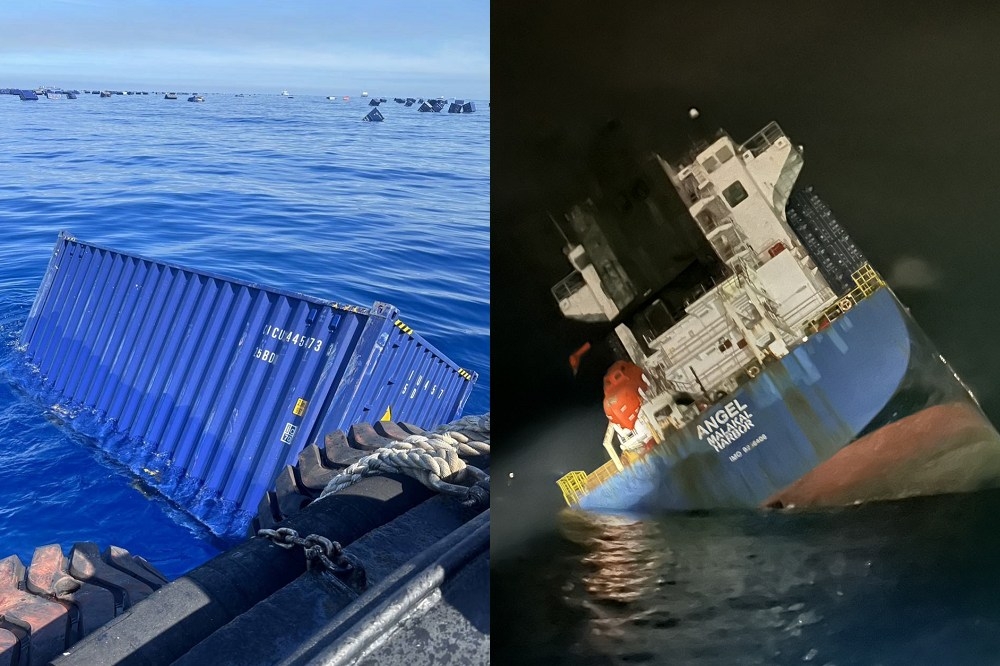 帛琉籍貨櫃船「天使輪」（右）今天凌晨逐漸沉沒，海面上到處漂浮著空貨櫃。（合成照片／取自記者爆料網）