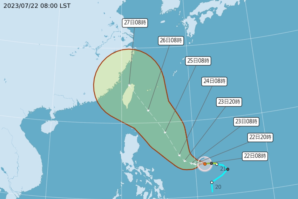氣象局指出，颱風杜蘇芮目前中心位置在北緯14.2度，東經131.3度的海面上，移動方向由西向西北西前進。（氣象局提供）