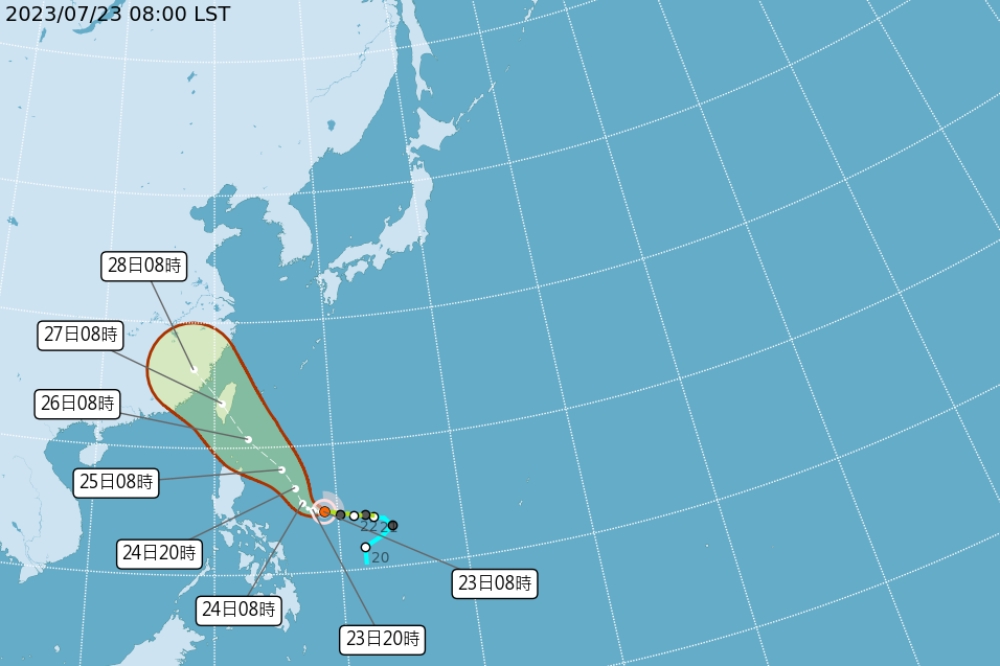 杜蘇芮颱風目前強度持續增強，將成為中度颱風。（擷取自中央氣象局）