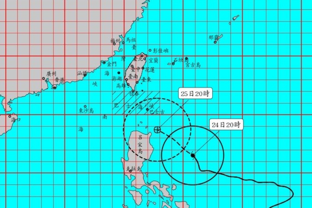 中颱杜蘇芮持續增強，中央氣象局預測24日晚間8點30分已發布海警。（氣象局提供）