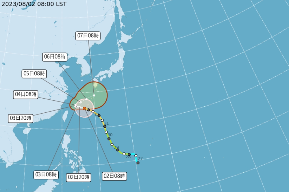 中央氣象局昨天（1日）晚間8點30分發布海上颱風警報，預計今天（2日）晚間發布陸上颱風警報。（擷取自中央氣象局官網）