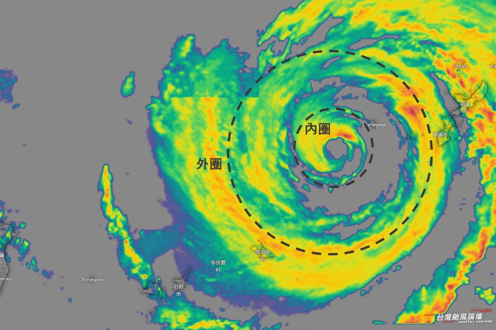 中颱卡努持續增強，更出現「雙眼牆」結構。（取自「台灣颱風論壇｜天氣特急」粉專）