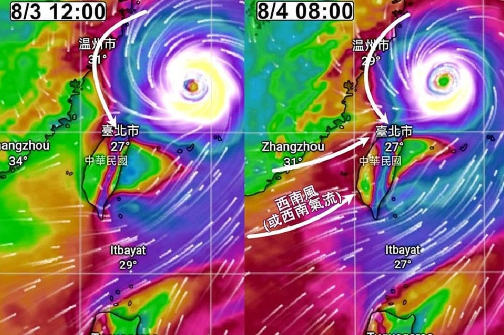 卡努最靠近台灣的時間是今晚至明天上午，粉專貼出陣風場模擬圖預估明天也可能放颱風假。（取自觀天象看天氣臉書粉專）