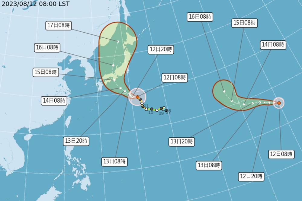 「朵拉」預計今天（12日）跨過國際換日線，成為第8號颱風，另一個颱風「蘭恩」強度也持續增強，目前朝日本撲去。（取自中央氣象局）