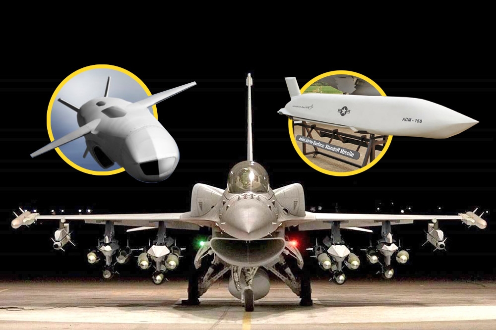 空軍向美採購66架F-16C/D Block 70戰機，搭配AGM-158C型聯合空對地遙攻飛彈（JASSM，右上），但美方建議我方可洽購第五代聯合打擊飛彈（JSM，左上）。（合成畫面／取自Lockheed Martin、military-today）