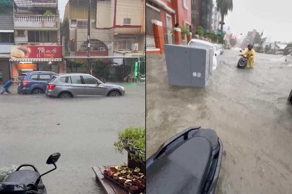 高雄多個地區今天都因大雨淹水，其中本館路淹了超過半個輪胎高度。（取自記者爆料網）