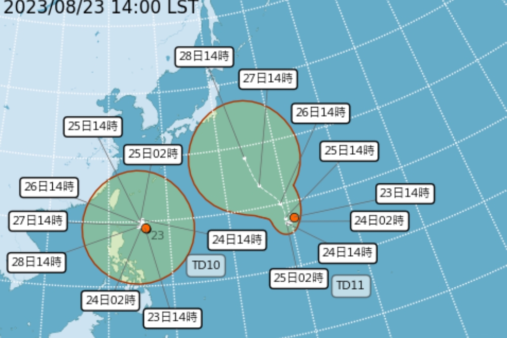 氣象局今天（23日）下午在太平洋地區，發現2個熱帶性低氣壓TD10、TD11。（取自氣象局官網）