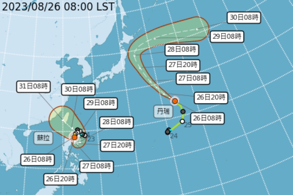 根據最新今天（26日）凌晨2點中央氣象局預報資料顯示，蘇拉颱風已增強中度颱風。（氣象局提供）