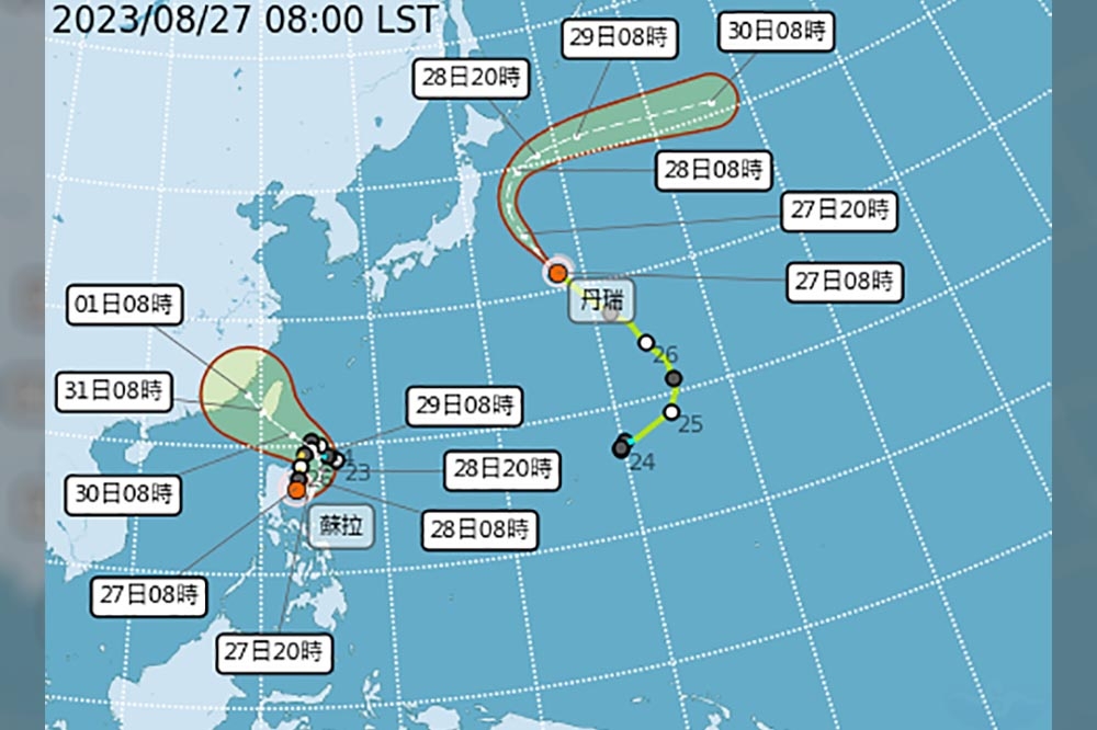 中央氣象局今天（27日）發布，蘇拉颱風已在凌晨2點增強轉為強烈颱風。（取自中央氣象局）