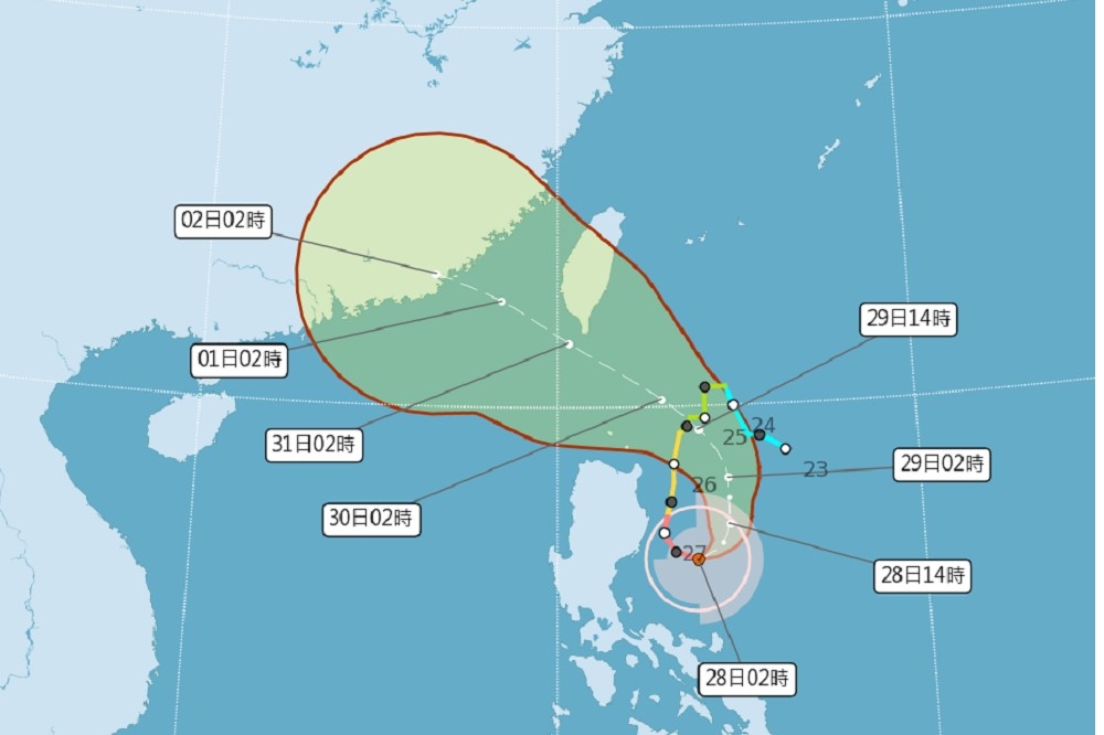 蘇拉今天凌晨減弱成中颱，氣象局預估它將再轉為強颱並與台灣擦身而過。（取自中央氣象局官網）