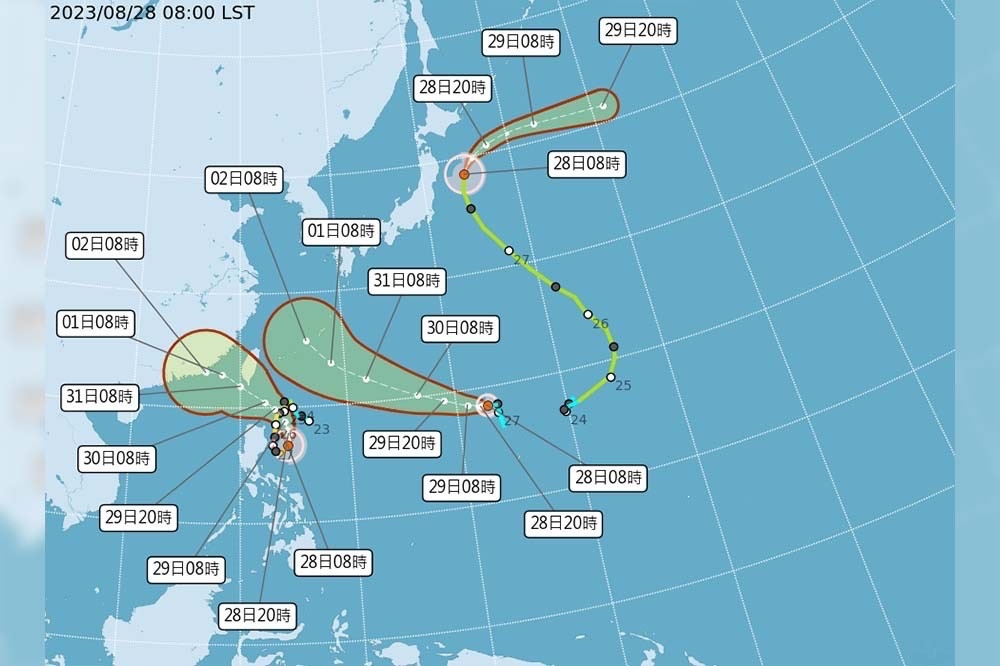 位於關島西北方海面的熱帶性低氣壓已增強為第11號颱風「海葵」，目前西北太平洋有3個颱風在發展。（中央氣象局提供）