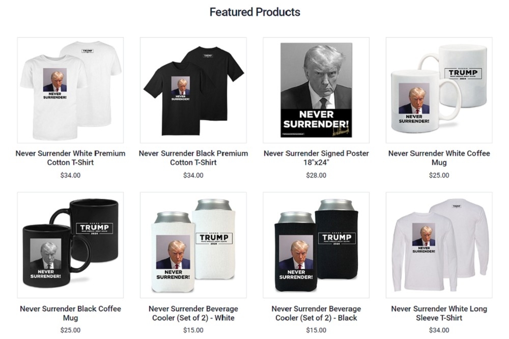 川普的嫌犯大頭照被做成多種周邊商品，在他的競選官網上販售。（取自川普競選團隊官網）