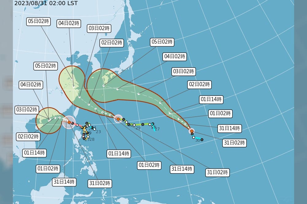 太平洋上出現三颱共舞的狀況，海葵也被預測將增強並更靠近台灣。（取自中央氣象局網站）