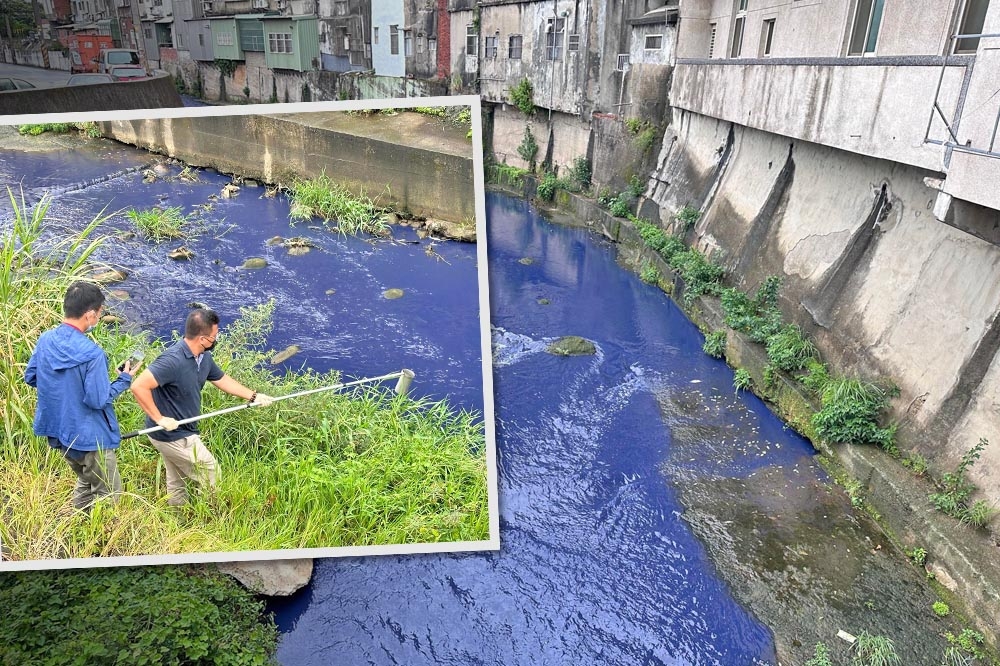 新竹縣湖口鄉德盛溪今上午遭污染，溪水染成不尋常的藍色，更引發魚群暴斃。（湖口鄉長吳淑君提供）