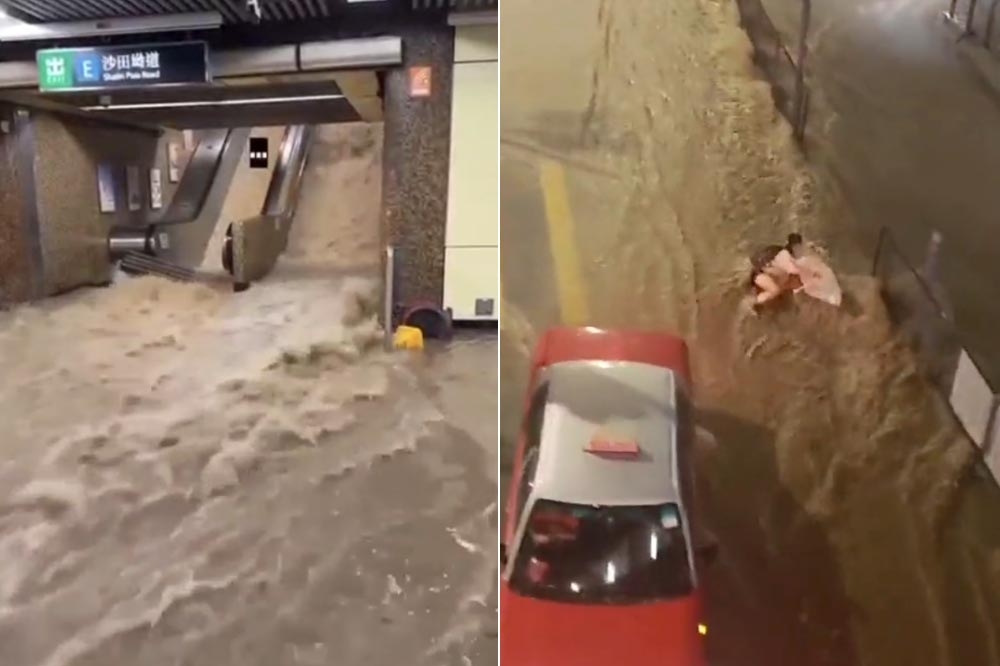 香港遭逢百年來從未見過的豪雨，導致地鐵站淹水，還有民眾被暴雨沖走。（取自香港高登討論區）